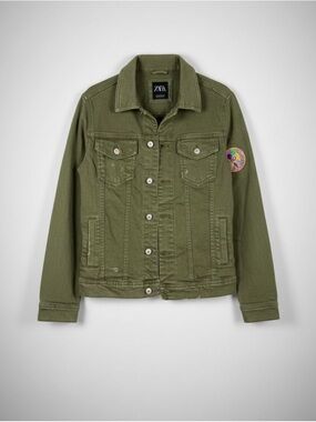 Zara Olive Green Denim Jacket with Colorful Sleeve Patch